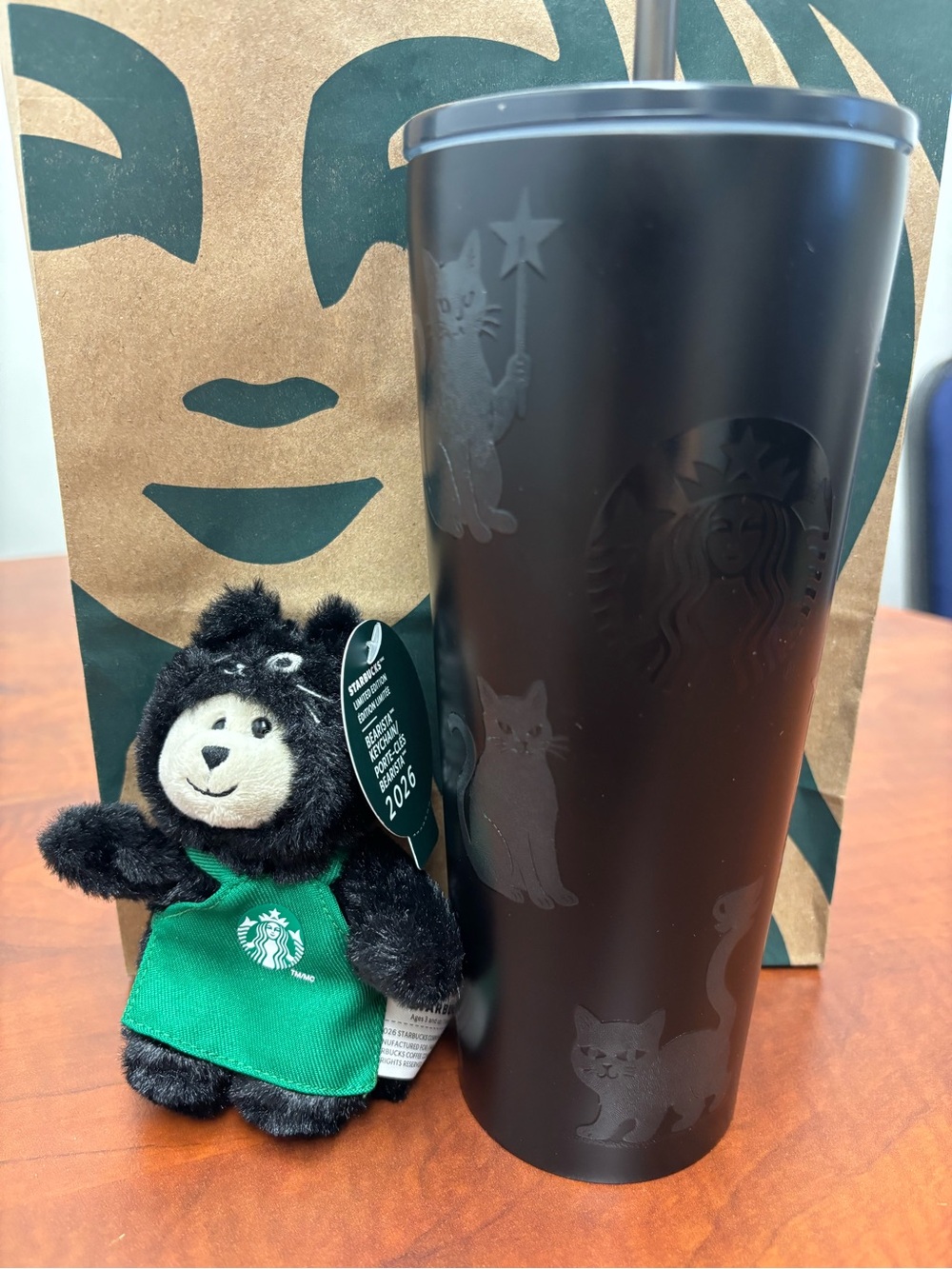 Starbucks Matte Black Cat Limited Tumbler with Bear Plush